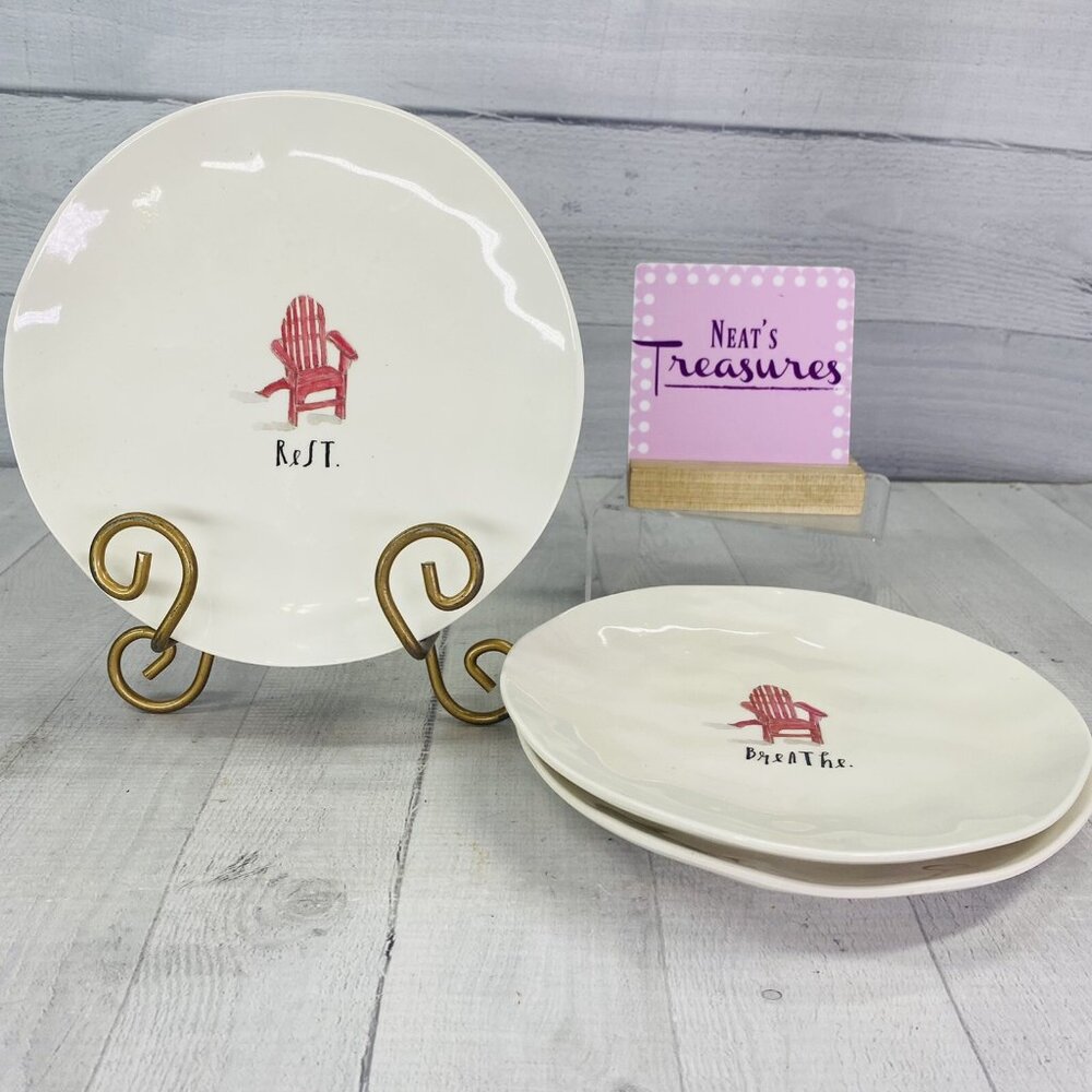 Rae Dunn Magenta SIT AND RELAX Red Beach Chairs Word Melamine Salad Plate Set 3